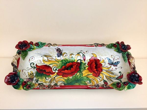 DEEP RECTANGULAR TRAY WITH POPPIES AND EAR OF CORN